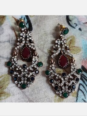Turkish Pierced Gold Tone Pierced Earrings Emerald Sapphire Burgundy Clear Color